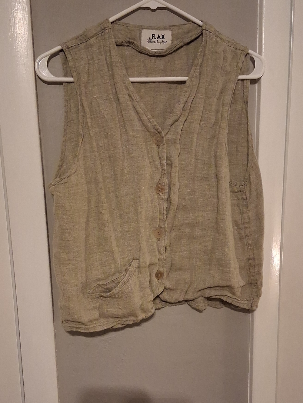 Flax Jeanne Englehart Sleeveless Linen Button-Front Vest Tank Top Sage Green M